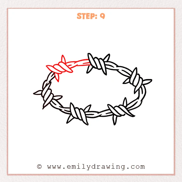 how to draw a barbed wire - Step 9: The barbed wire oval is closed and refined with clean bold outlines and sharp barbs.